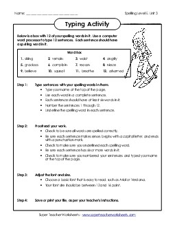 Typing Sentences (E-3) Spelling E Worksheet