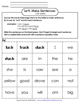 Make Sentences: Word Cards (-uck) Word Families Worksheet