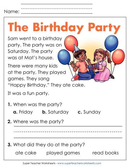 The Birthday Party Reading Comprehension Reading Comp Kindergarten Worksheet