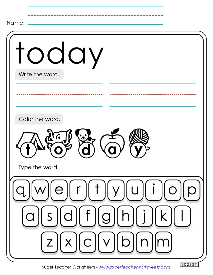 Write, Color, Type: Today Sight Words Individual Worksheet