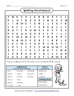 Word Search (C-10) Spelling C Worksheet