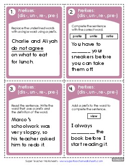 Prefixes Task Cards (dis-, un-, re-, pre-) Prefixes Suffixes Worksheet