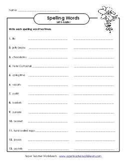 Write Words Twice (Easter) Spelling E Worksheet