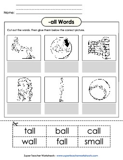 Cut and Glue (-all) Word Families Worksheet