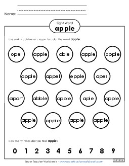 Dab or Color: Apple Sight Words Individual Worksheet