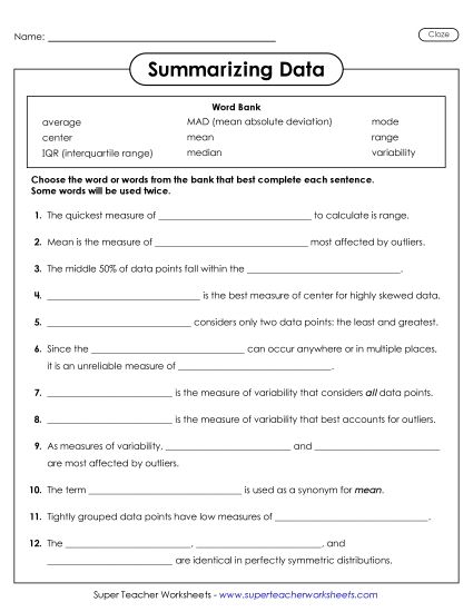 aSummarizing Data Cloze