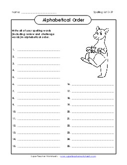 ABC Order: Write List (D-29) Spelling D Worksheet