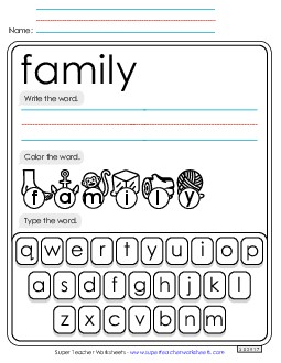 Write, Color, Type: Family Sight Words Individual Worksheet