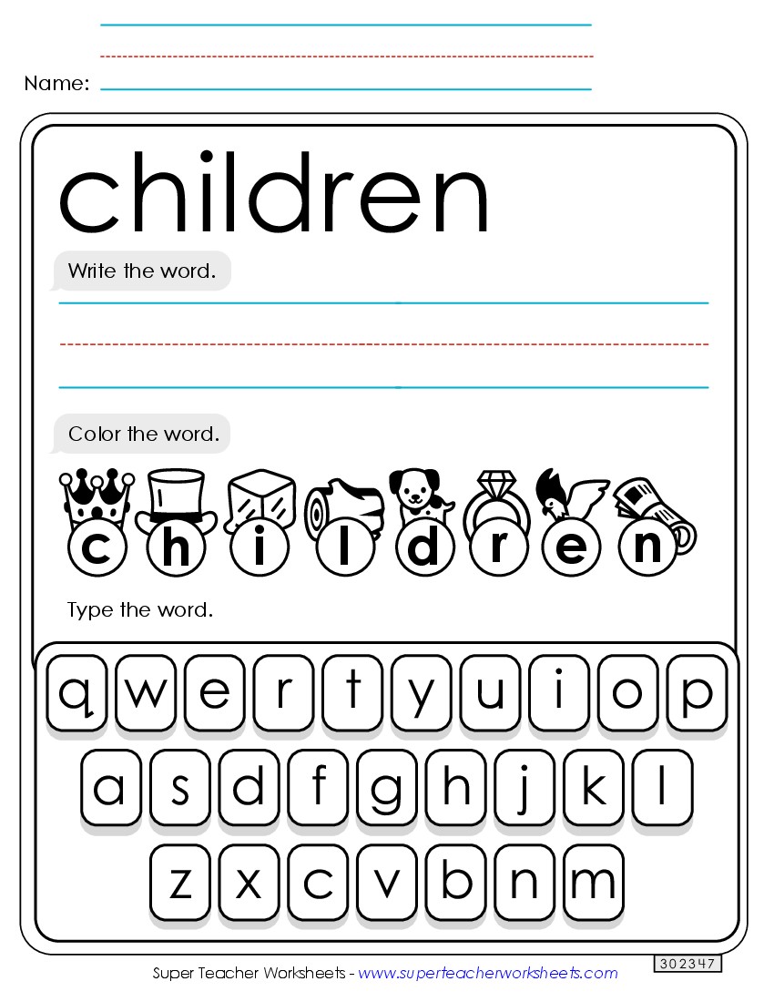 Write, Color, Type: Children Sight Words Individual Worksheet