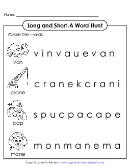 Long and Short A: Horizontal Word Hunt Phonics Long Short A Worksheet