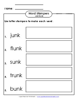 Letter Stampers Activity (-unk Words) Word Families Worksheet