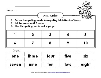 ABC Order: Cut and Glue (A-Number Words)  Spelling A Worksheet