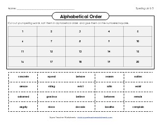 Alphabetical Order Cut-Glue (E-3) Spelling E Worksheet