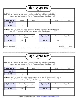 1-on-1 Reading Test (Unit 21) Sight Words Worksheet