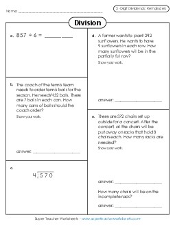 Variety Worksheet: 3-Digit Dividends (w/ Remainders) Division Worksheet