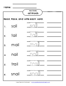 Read, Write, Trace (-ail) Word Families Worksheet