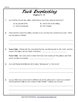 Questions for Chapters 19-21 Book Tuck Everlasting Worksheet