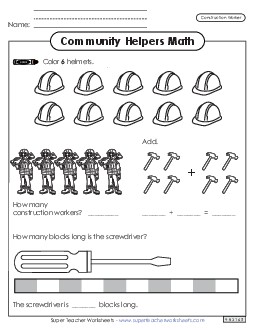 Community Helpers Math: Construction Worker Worksheet