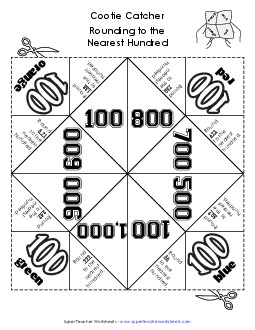 Foldable Fortune Teller Game: Rounding to the Nearest Hundred Worksheet