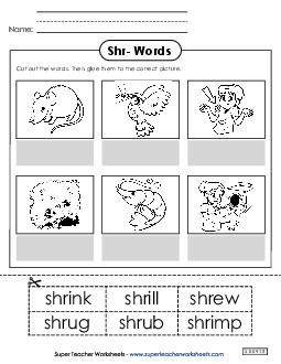 Cut and Glue (Shr- Words) Free Phonics Blends Worksheet