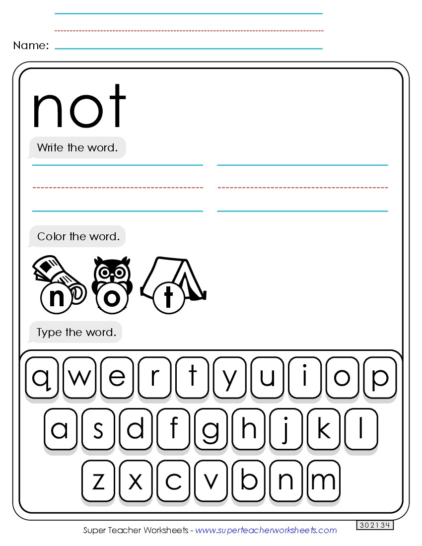 Write, Color, Type: Not Sight Words Individual Worksheet