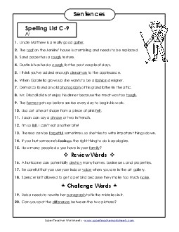 Spelling Test Sentences (C-9)  Spelling C Worksheet