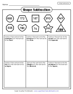 Shape Subtraction: 3 Digits Worksheet