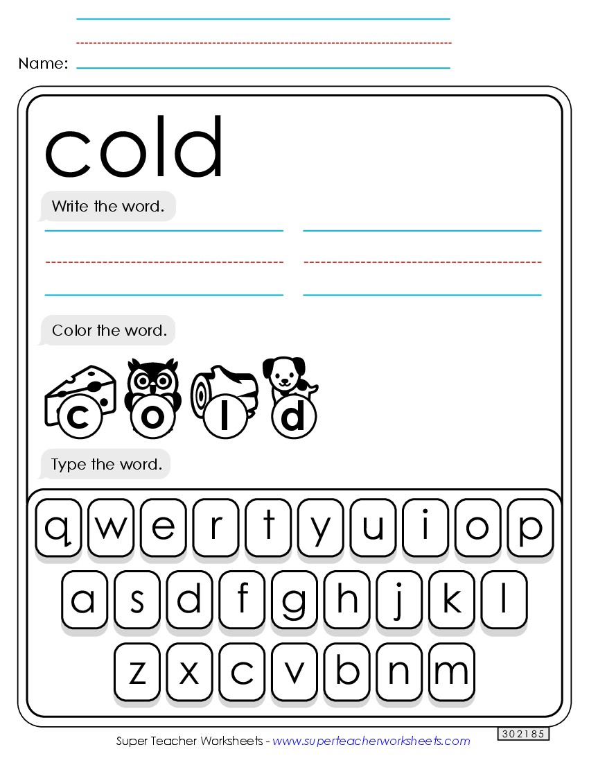 Write, Color, Type: Cold Sight Words Individual Worksheet