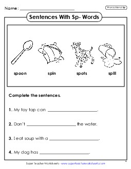 Sentences with SP Words Phonics Blends Worksheet