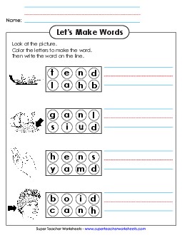 Color the Letters & Write (-and) Word Families Worksheet