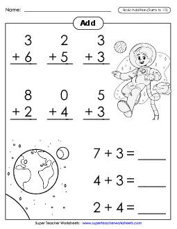 Basic Addition Facts: Astronaut (Addends to 10; Sums to 10) Worksheet