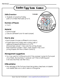 Easter Sum Game (Basic Facts 0-10) Addition Sum Game Worksheet