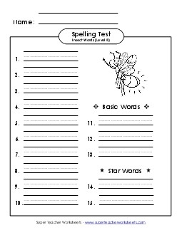 Spelling Test (B-Insect Words)  Spelling B Worksheet