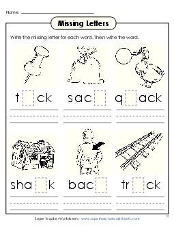 Missing Letters (-ack) Word Families Worksheet