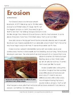 Erosion: Article & Questions 5th Grade Reading Comprehension Science Worksheet