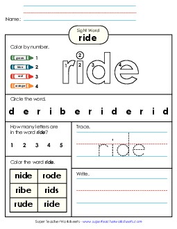 Worksheet 4: Ride Sight Words Individual Worksheet