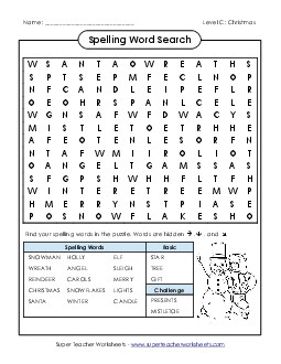 Word Search Puzzle (C-Christmas)  Spelling C Worksheet