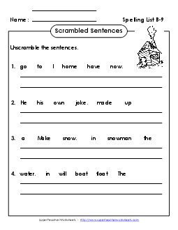 Scrambled Sentences (B-9) Free Spelling B Worksheet