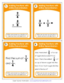 Task Cards: Adding Fractions 5th Grade Math Worksheet