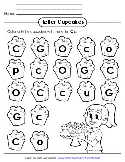 Letter C c Recognition - Cupcakes Alphabet Worksheet