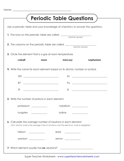 New Periodic Table Questions Worksheet New Periodic Table Questions Worksheet