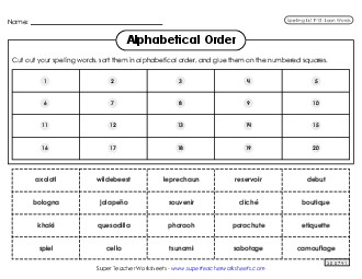 Alphabetical Order: Cut-Glue (F-15) Spelling F Worksheet