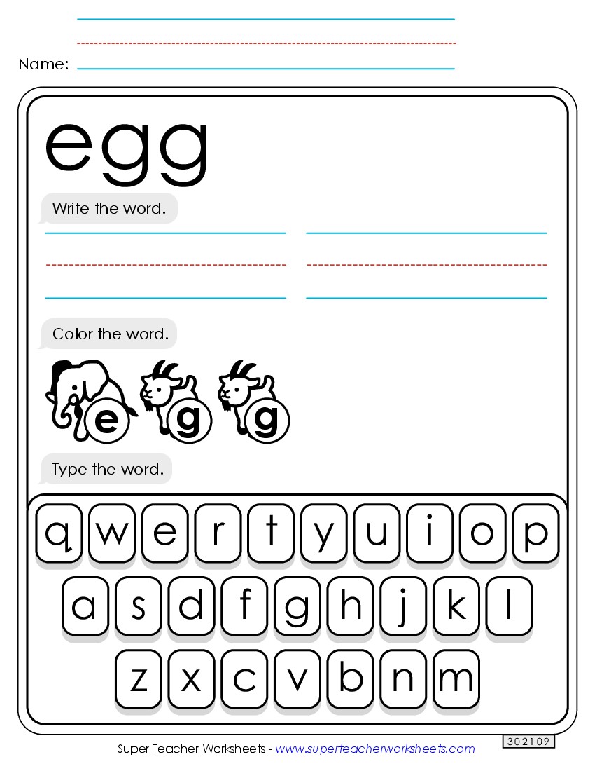 Write, Color, Type: Egg Sight Words Individual Worksheet