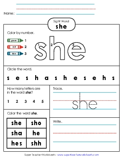 Worksheet 4: She Sight Words Individual Worksheet