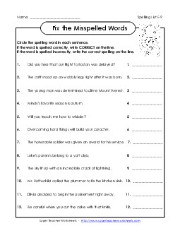 Fix the Misspelled Words (E-9)  Spelling E Worksheet