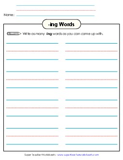 Brainstorm and Write (-ing) Word Families Worksheet