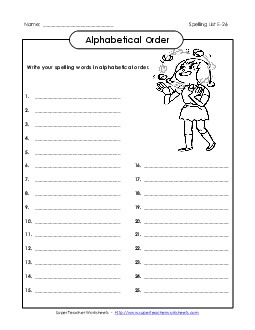 ABC Order: Write List (E-26) Spelling E Worksheet