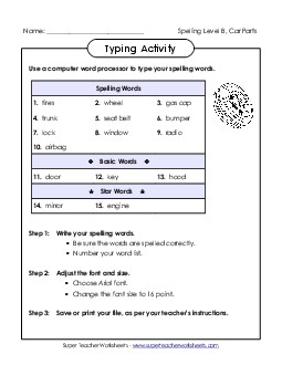 Typing Activity (B-Car Parts)  Spelling B Worksheet