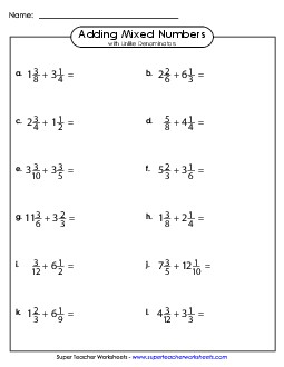 Adding Mixed Numbers w/ Unlike Denominators (Horizontal) Fractions Worksheet