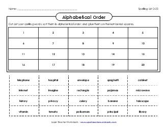 ABC Order: Cut and Glue (D-23) Spelling D Worksheet